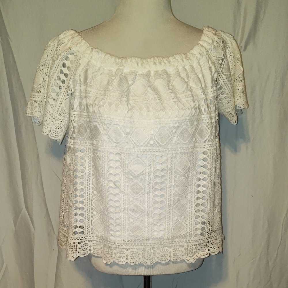 Sunday in Brooklyn Lace Off Shoulder Shirt Womens S Crochet Boho Scalloped Hem